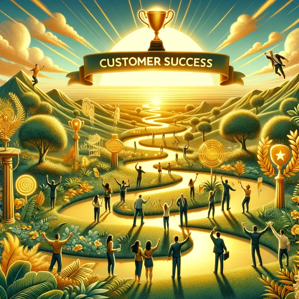 DALL·E 2024-03-11 12.08.34 - Create an artwork that symbolizes the concept of customer success in a vibrant and inspiring manner. Imagine a scene where the sun is rising over a fl Veja a relação entre jornada do cliente e customer success