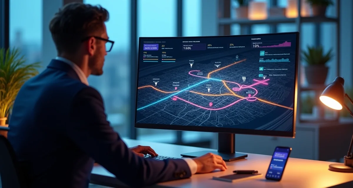 Profissional de vendas observa mapa de calor com trilhas de clientes em tela de computador