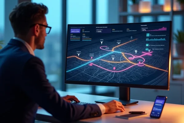 Profissional de vendas observa mapa de calor com trilhas de clientes em tela de computador