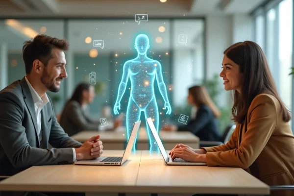 Profissional atendendo cliente com a ajuda de assistente virtual holográfico