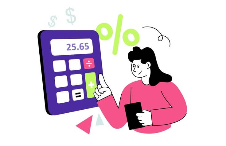 Ilustração de uma pessoa segurando uma calculadora e um cartão com porcentagem e valores, simbolizando cálculo de juros e desconto.