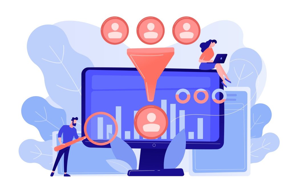 Ilustração com pessoas analisando uma central de dados em um monitor, com gráficos e ícones de usuários destacados para representar gestão e suporte ao cliente.