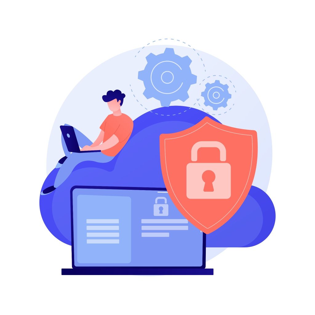Ilustração de uma pessoa usando um notebook, com ícones de engrenagem e um escudo de segurança vermelho sobre o computador, sugerindo proteção de dados e cibersegurança.