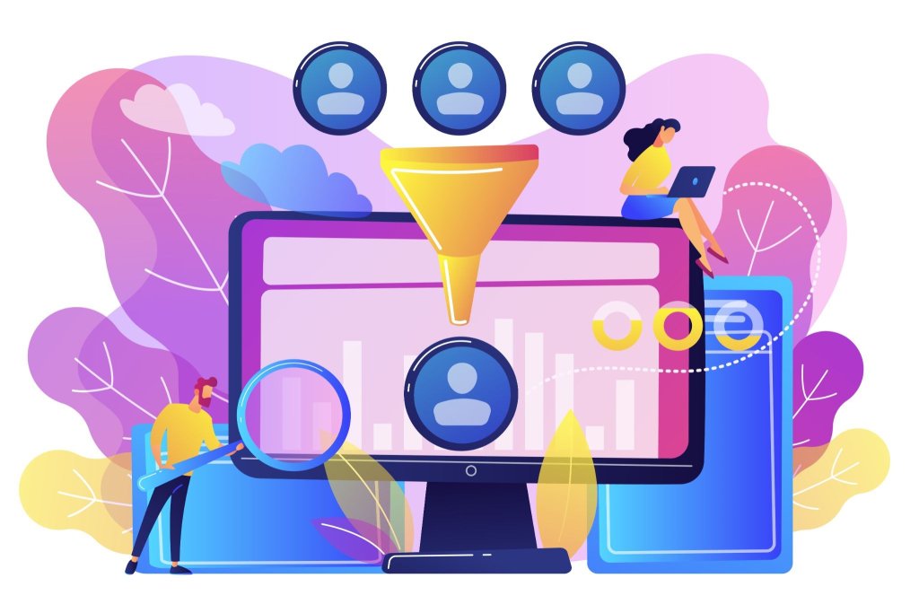 Ilustração em estilo vetorial de uma equipe interagindo com uma plataforma de comunicação online, com ícones de usuários, gráficos e telas em tons roxo, azul e amarelo.