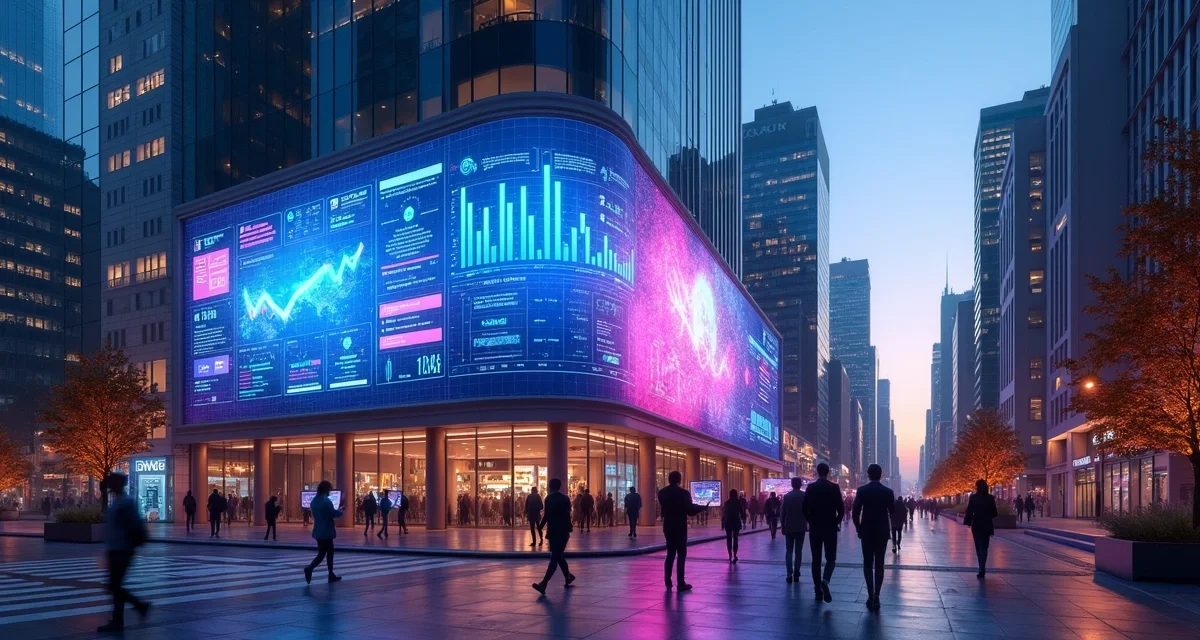 Painel digital gigante em cidade futurista mostrando integração entre marketing e IA generativa