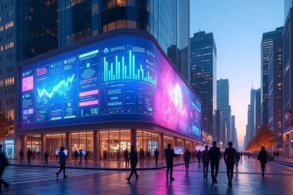 Painel digital gigante em cidade futurista mostrando integração entre marketing e IA generativa