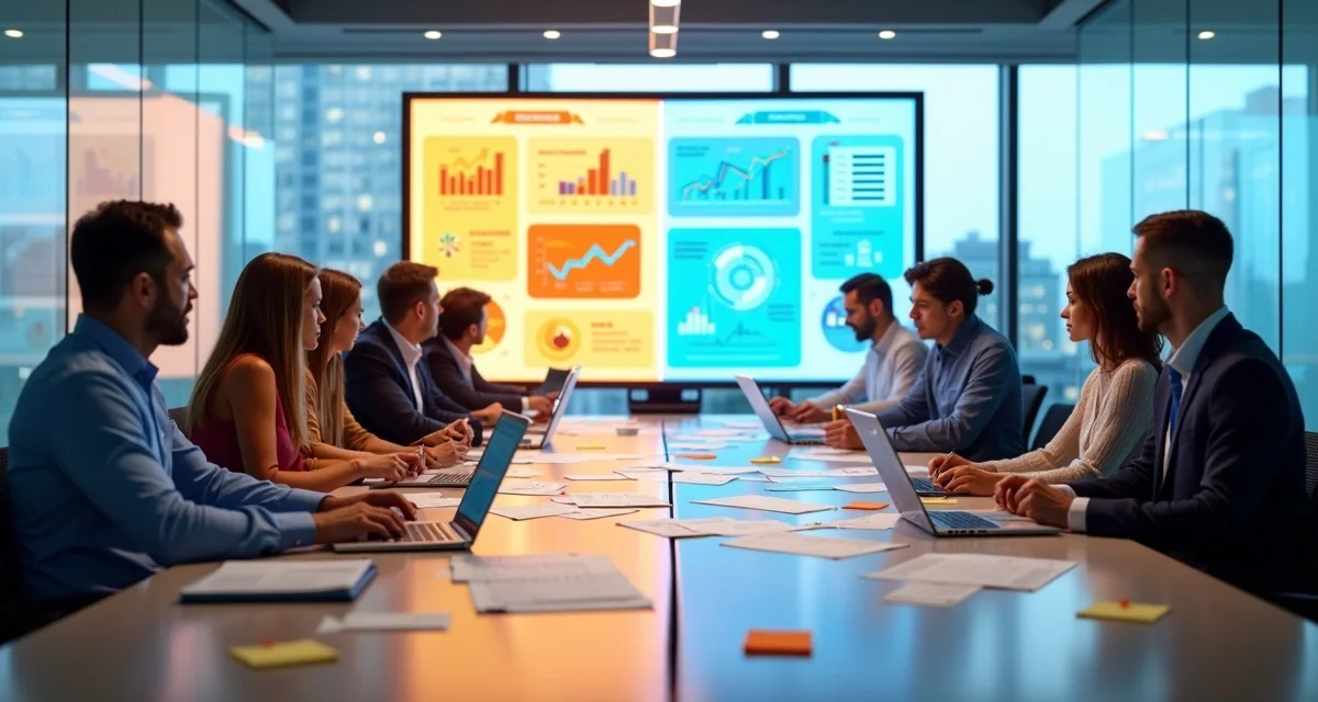 Equipes de marketing e vendas em lados opostos de uma mesa com estratégias desencontradas