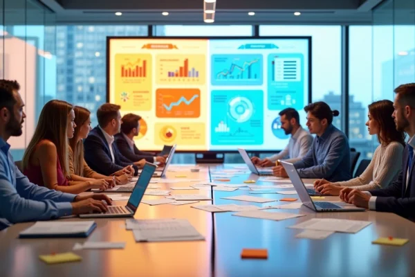 Equipes de marketing e vendas em lados opostos de uma mesa com estratégias desencontradas