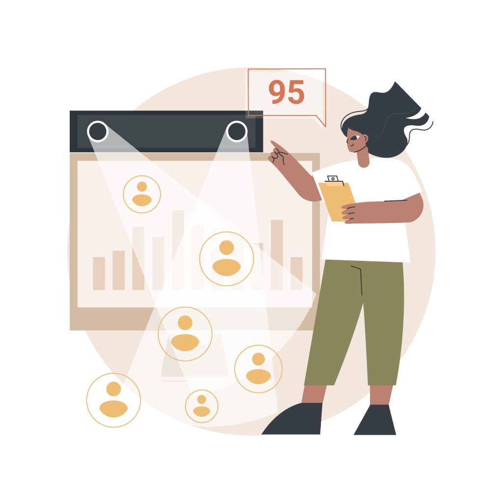 Ilustração de pessoa interagindo com um sistema de avaliação, com um indicador de nota 95 e ícones de usuários em uma tela, sugerindo pontuação e cadastro.