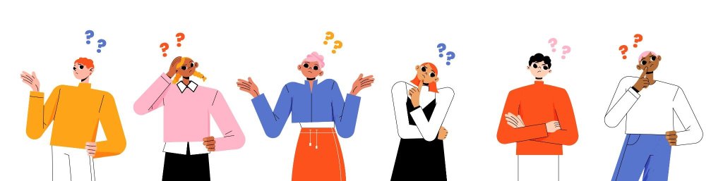 Ilustração com várias pessoas caricatas com pontos de interrogação acima das cabeças, sugerindo dúvidas e perguntas sobre diferentes situações
