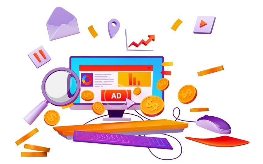 Ilustração de marketing digital com laptop, gráfico de anúncios, moedas e lupa, representando análise e otimização de campanhas publicitárias online.